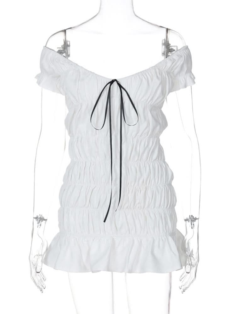 Ruched ribbon off shoulder v neck mini dress