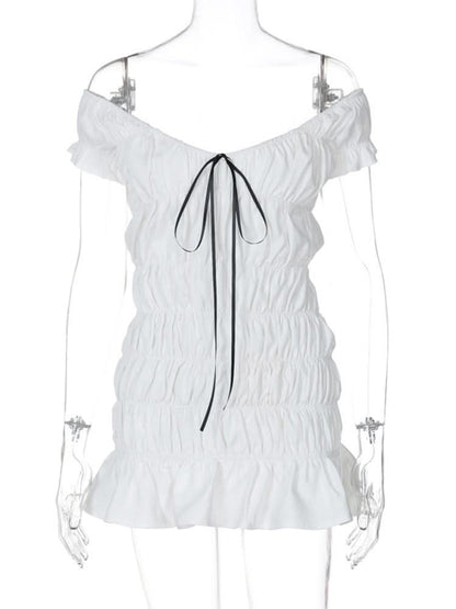 Ruched ribbon off shoulder v neck mini dress