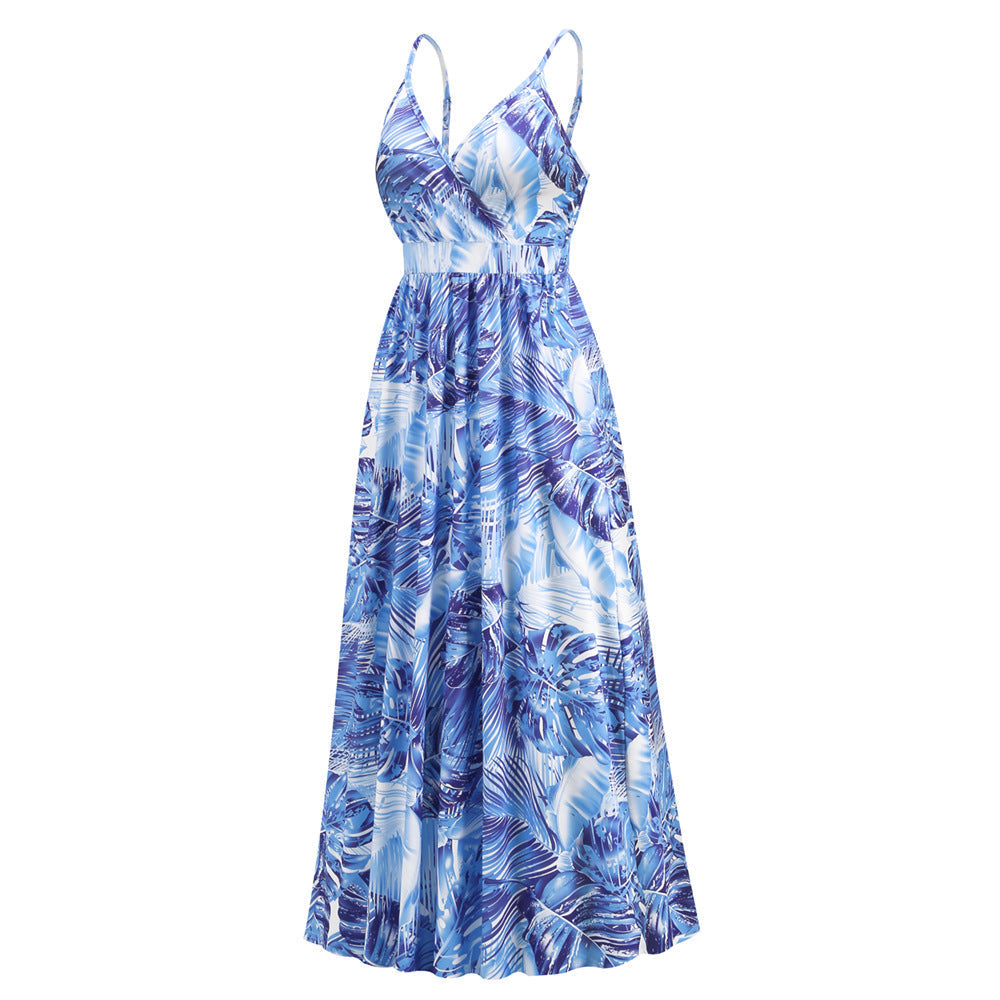 Palm Leaf Print Deep V Empire Waist A Line Maxi Dress