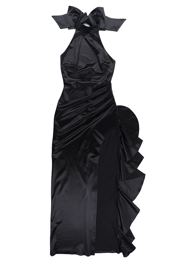 Maureen Satin High Neck Ruched Ruffle Slit Draped Maxi Dress
