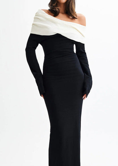 Noir Elegance - Off-Shoulder Contrast Maxi Dress
