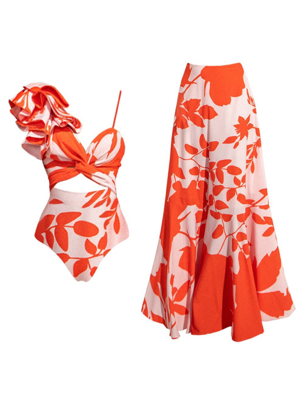 One Shoulder Ruffle Cutout Printed Swimsuit & Skirt Coord Set