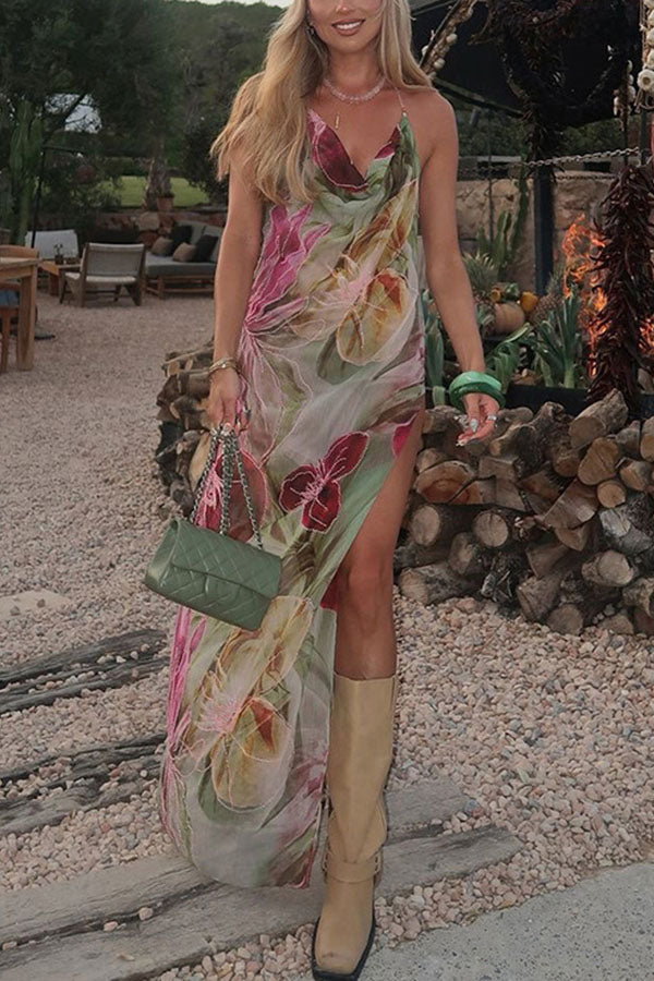 Floral Print Sexy Backless Slit See-Through Holiday Maxi Dress