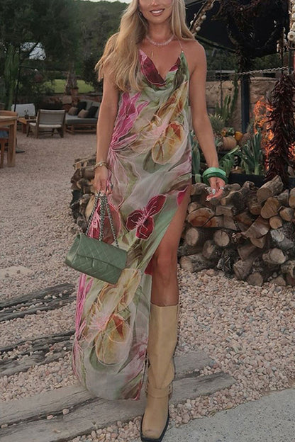Floral Print Sexy Backless Slit See-Through Holiday Maxi Dress
