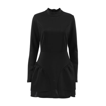 Mock Neck Long Sleeve Wrap Hip Tiered Ruffle Mini Dress