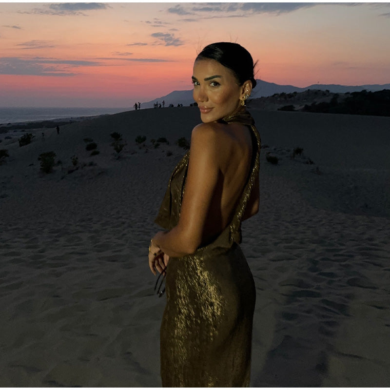 Halter Deep V Neck Metallic Shimmer Fishtail Maxi Gown
