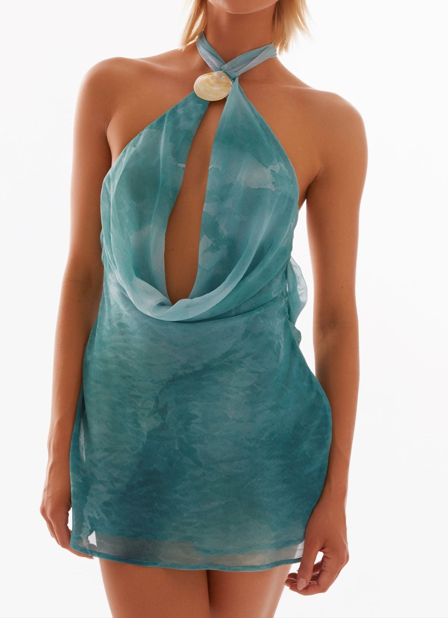 Ana Sofía Deep Cowl Mini Dress - Green Tie Dye