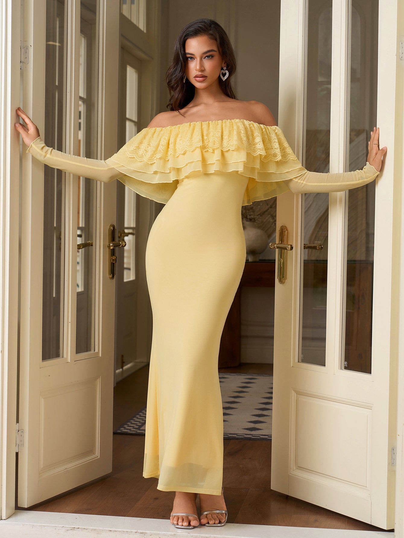 Off Shoulder Long Sleeve Bodycon Mesh Dress