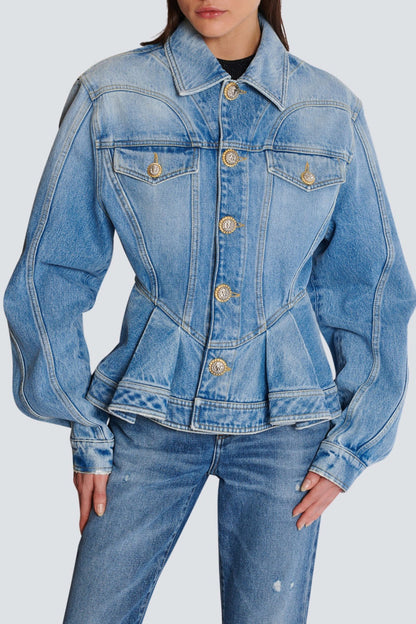 Ogana Gold Buttoned Pleated Denim Jacket