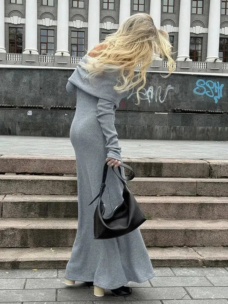 Off-Shoulder Foldover Rib Knit Long Sleeve Bodycon Maxi Dress