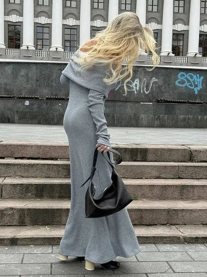 Off-Shoulder Foldover Rib Knit Long Sleeve Bodycon Maxi Dress