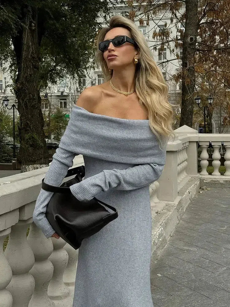 Off-Shoulder Foldover Rib Knit Long Sleeve Bodycon Maxi Dress