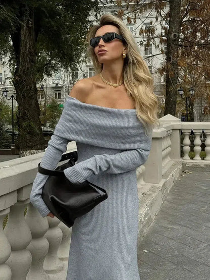 Off-Shoulder Foldover Rib Knit Long Sleeve Bodycon Maxi Dress