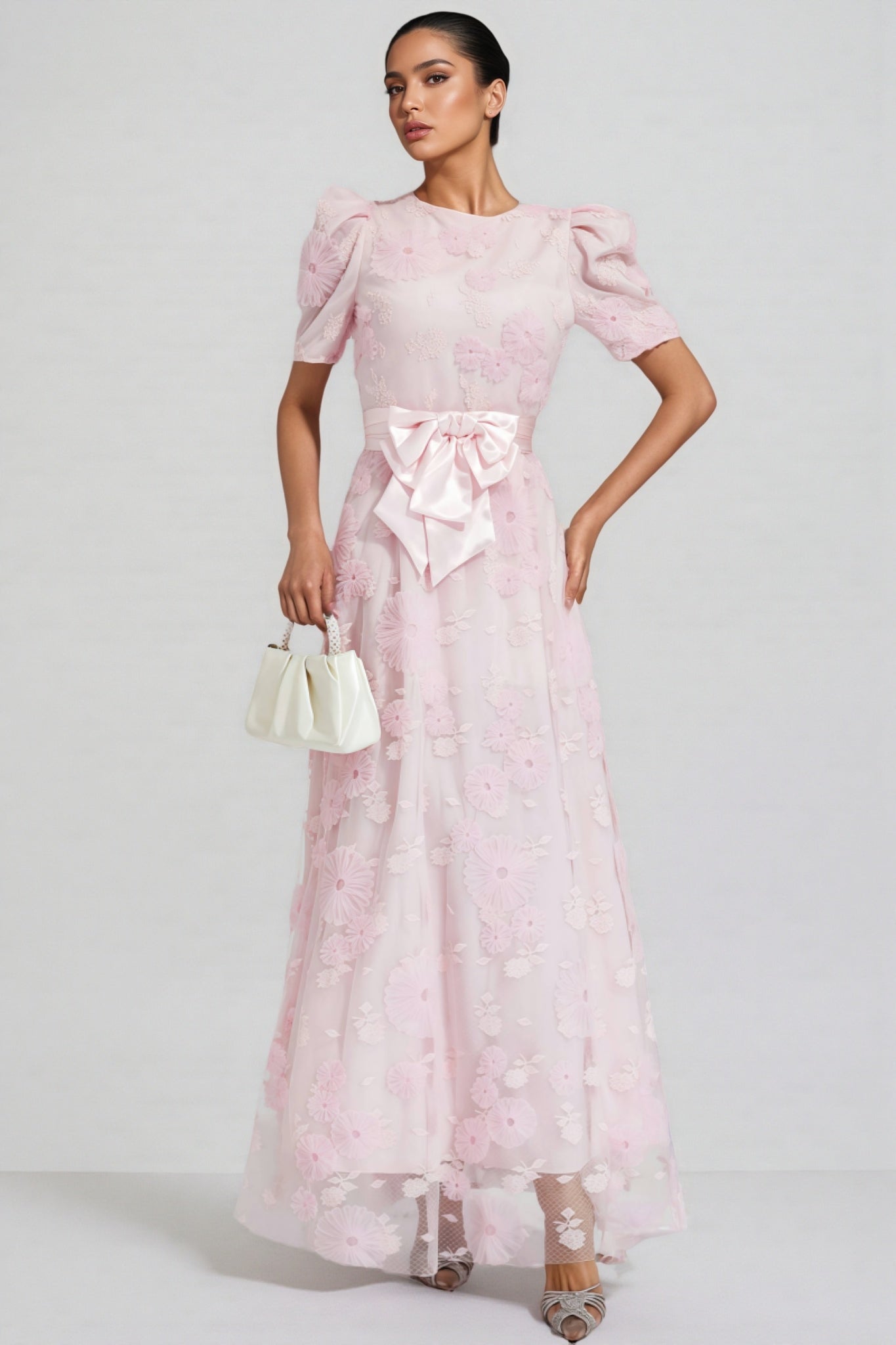 Yelen Pink Bow 3D Flower Maxi Dress
