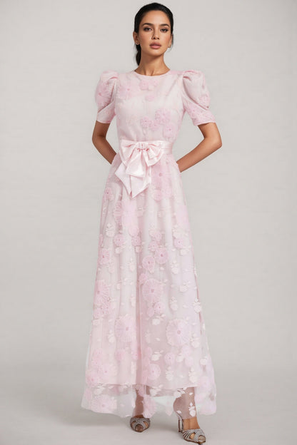 Yelen Pink Bow 3D Flower Maxi Dress