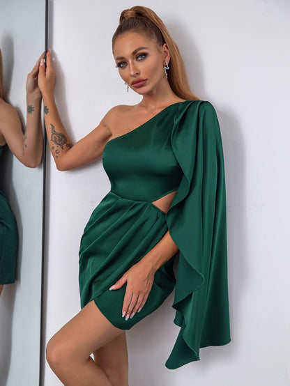 Satin One Shoulder Cape Sleeve Side Cut Out Wrap Mini Dress
