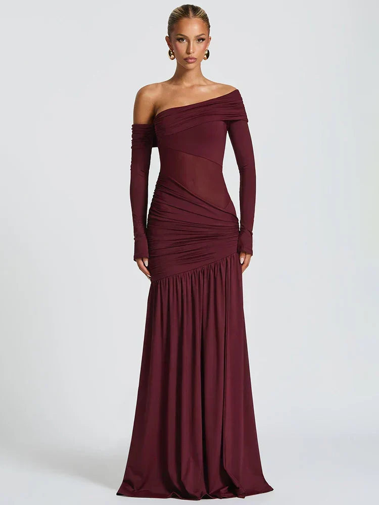 One Shoulder Mesh Panel Ruched High Slit Maxi Dress