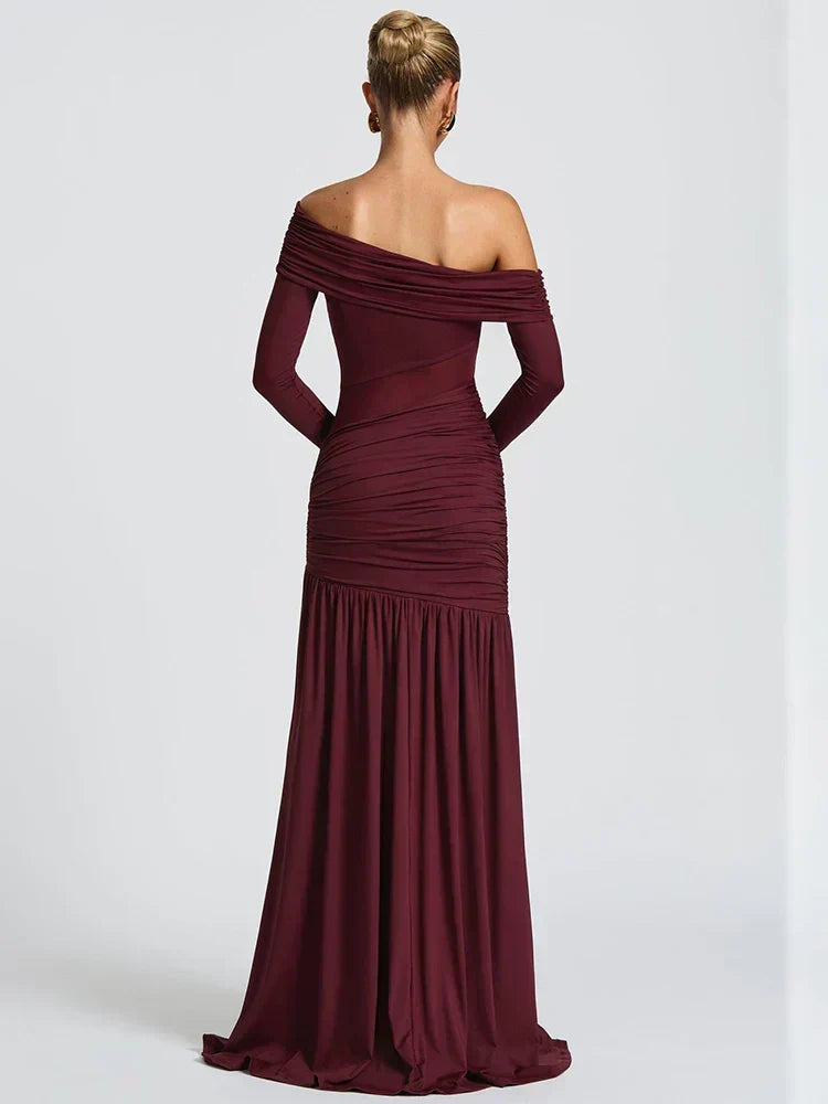 One Shoulder Mesh Panel Ruched High Slit Maxi Dress