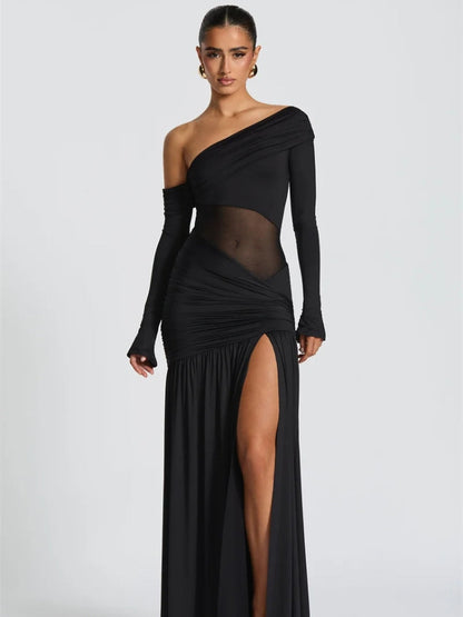 One Shoulder Mesh Panel Ruched High Slit Maxi Dress