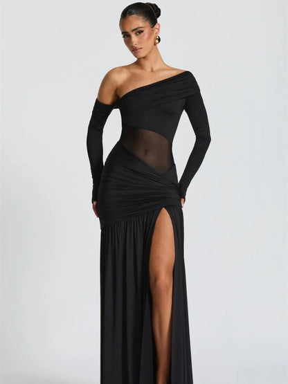 One Shoulder Mesh Panel Ruched High Slit Maxi Dress