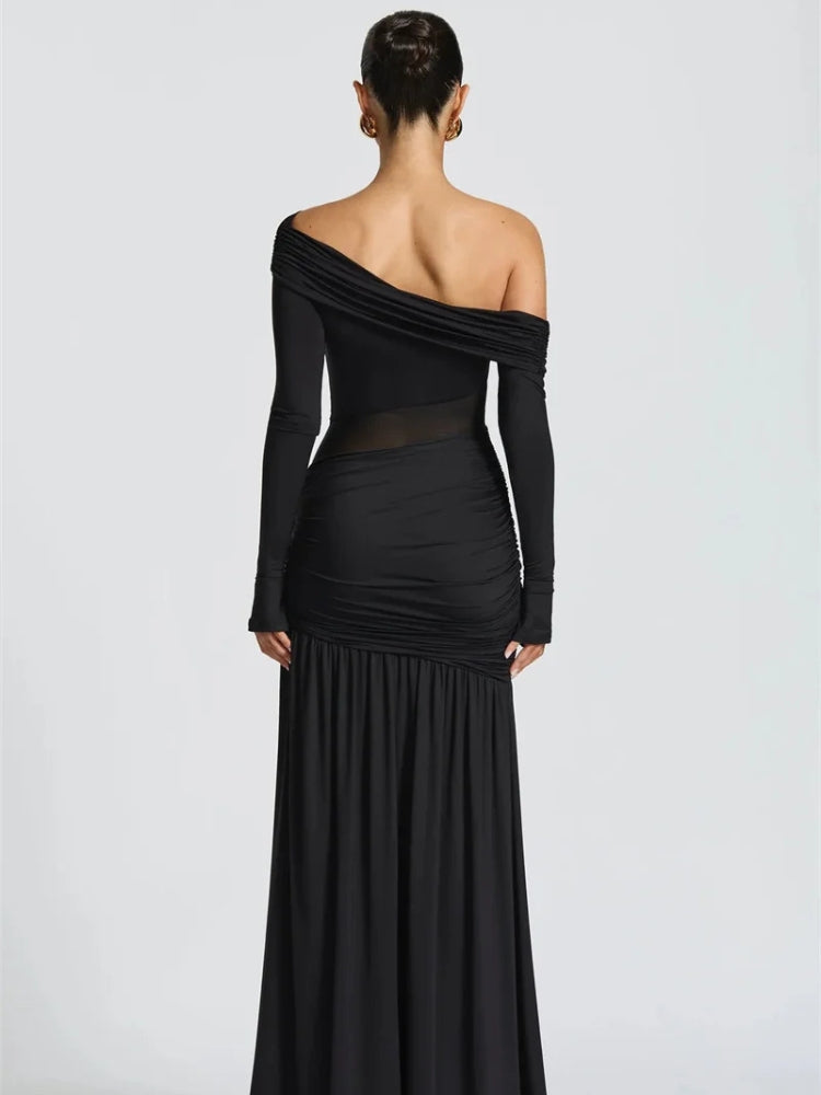 One Shoulder Mesh Panel Ruched High Slit Maxi Dress