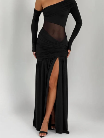 One Shoulder Mesh Panel Ruched High Slit Maxi Dress