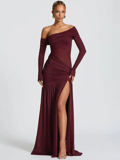 One Shoulder Mesh Panel Ruched High Slit Maxi Dress