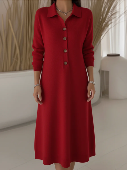 Women's Long Red Button-Down Dress – Collared Longsleeve Maxi Dress