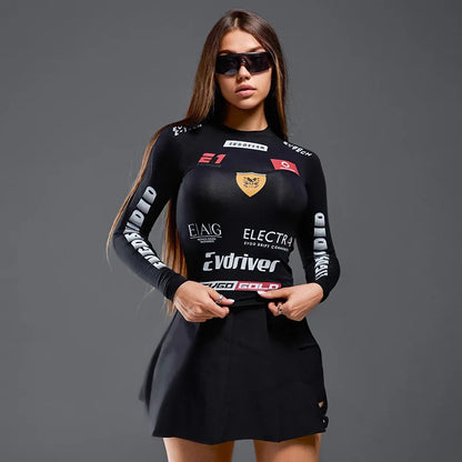 European American Motorcycle Style Letter Print Slim Knit Top