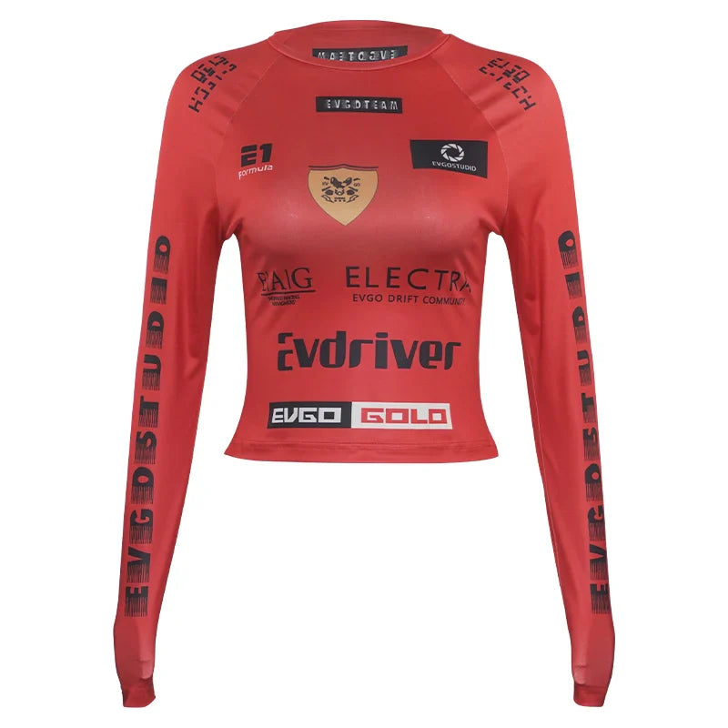 European American Motorcycle Style Letter Print Slim Knit Top