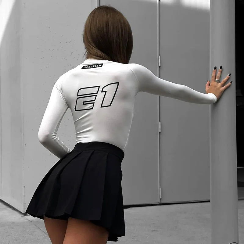 European American Motorcycle Style Letter Print Slim Knit Top