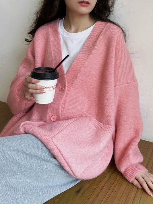 Oversized Preppy V-Neck Knitted Knit Cardigan