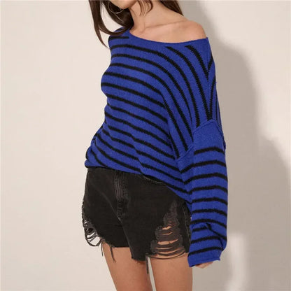 Oversized Striped V-Neck Color Block Knit Sweater Knit Top