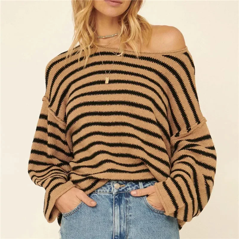 Oversized Striped V-Neck Color Block Knit Sweater Knit Top