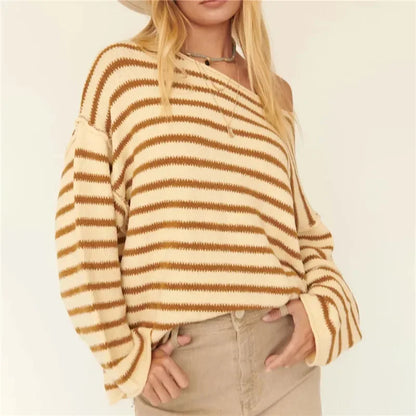 Oversized Striped V-Neck Color Block Knit Sweater Knit Top