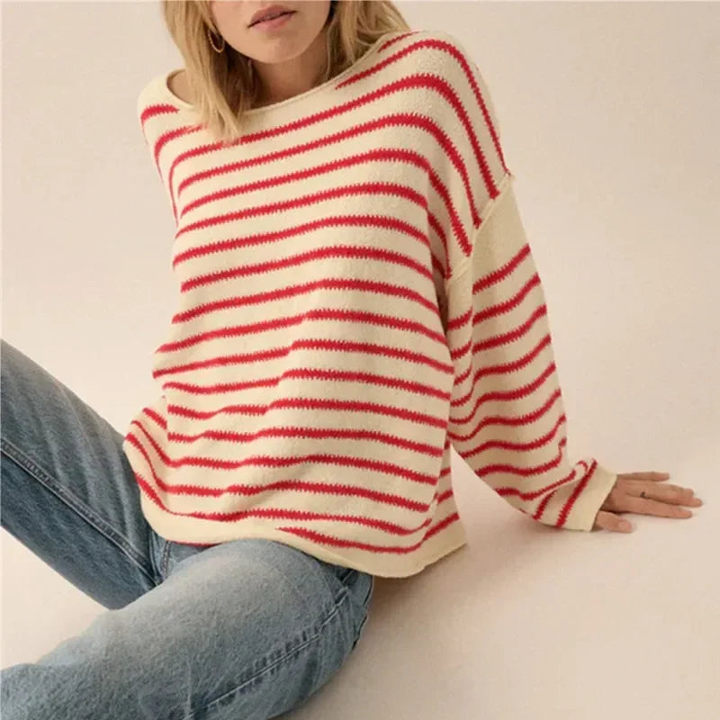 Oversized Striped V-Neck Color Block Knit Sweater Knit Top