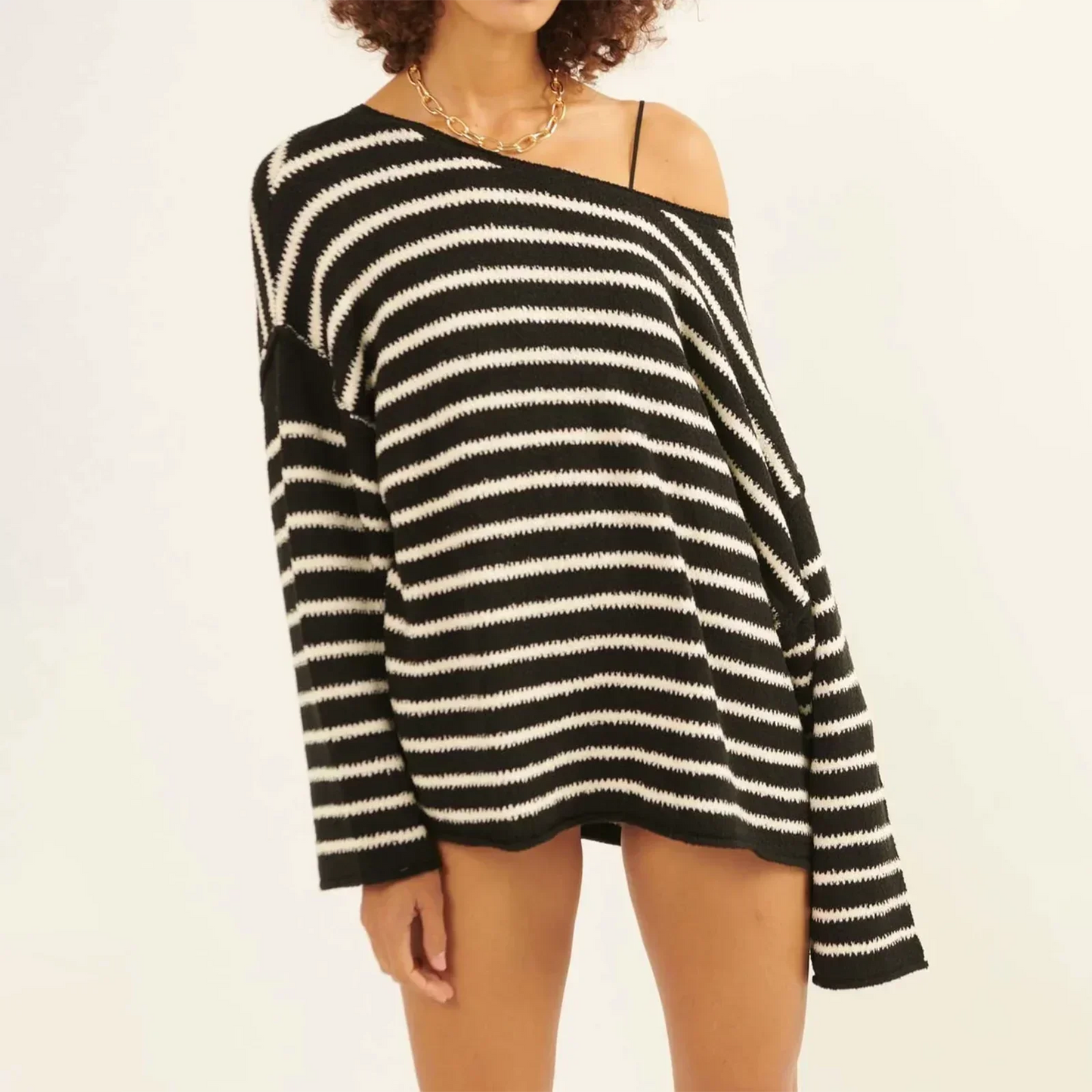 Oversized Striped V-Neck Color Block Knit Sweater Knit Top