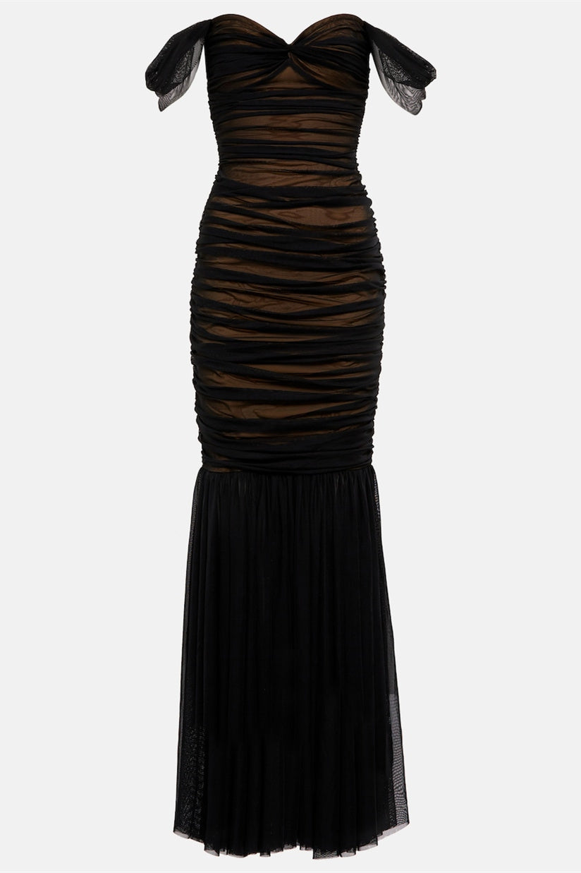 Hazel Off Shoulder Ruche Mesh Maxi Dress