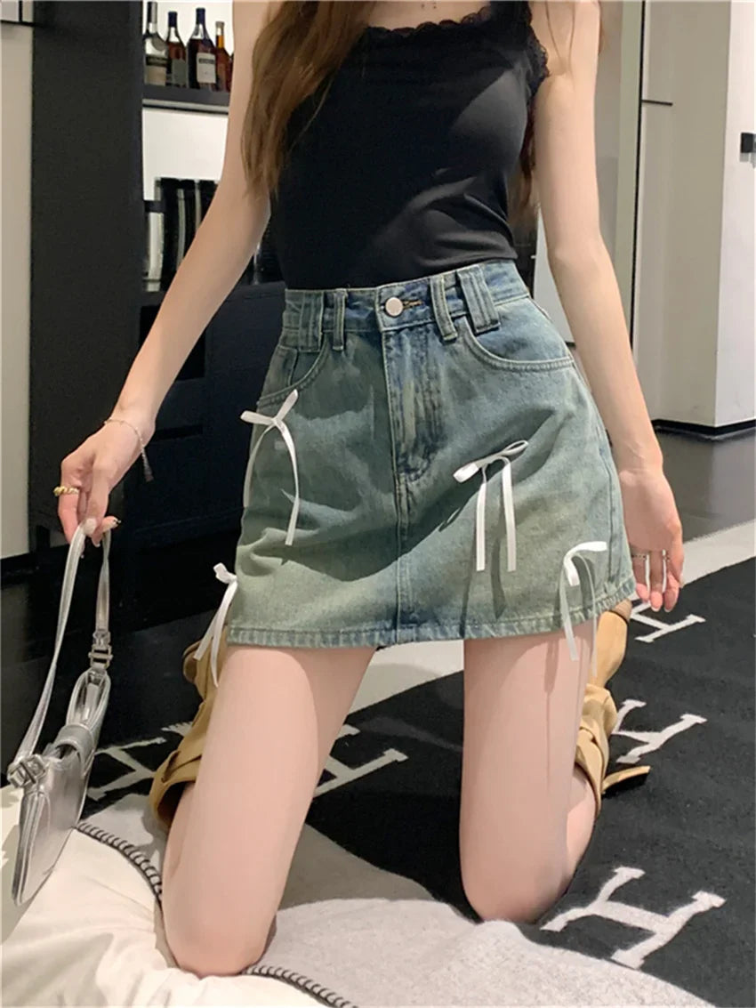 Chic Denim Bow Detail Skirt