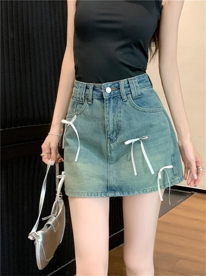 Chic Denim Bow Detail Skirt