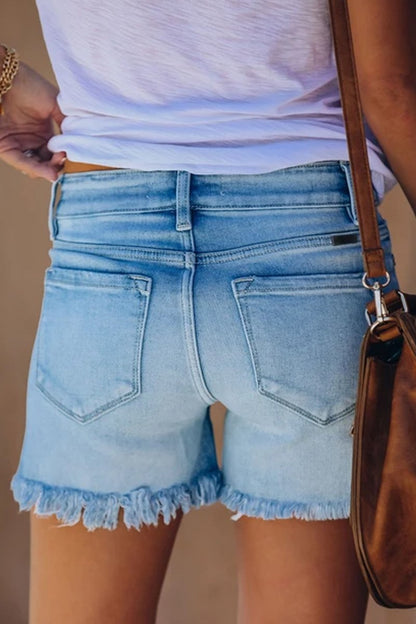 Fringed Solid Denim Shorts