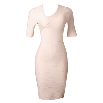 V Neck Short Sleeve Striped Midi Bandage Dress PZC1693