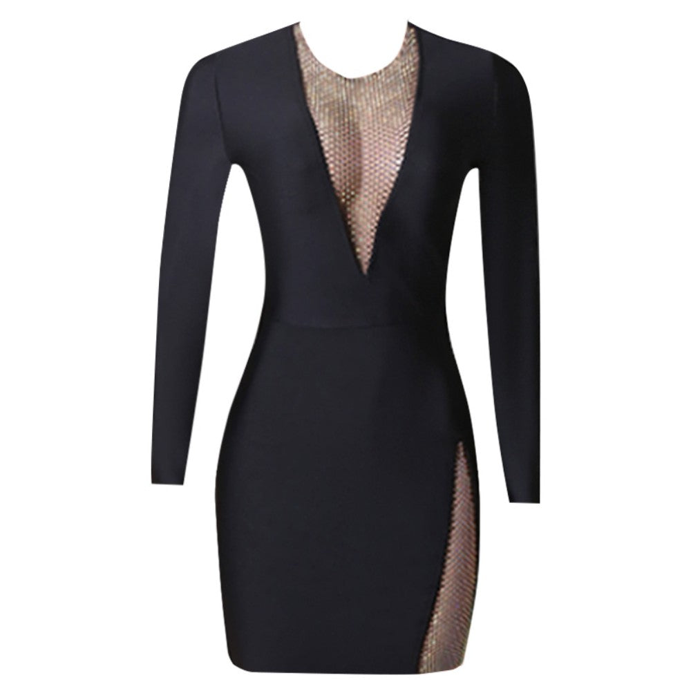 Round Neck Long Sleeve Mini Rhinestone Bandage Dress PZL3002