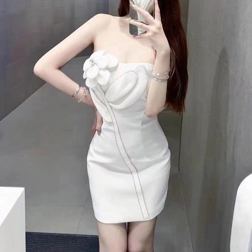Rhinestone Floral Applique Sweetheart Strapless Velvet Bodycon Mini Dress