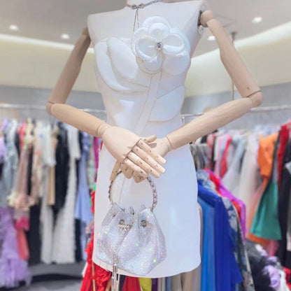 Rhinestone Floral Applique Sweetheart Strapless Velvet Bodycon Mini Dress