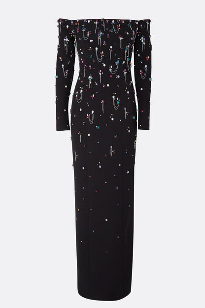 Pamaria Diamante Embroidery Off Shoulder Maxi Dress