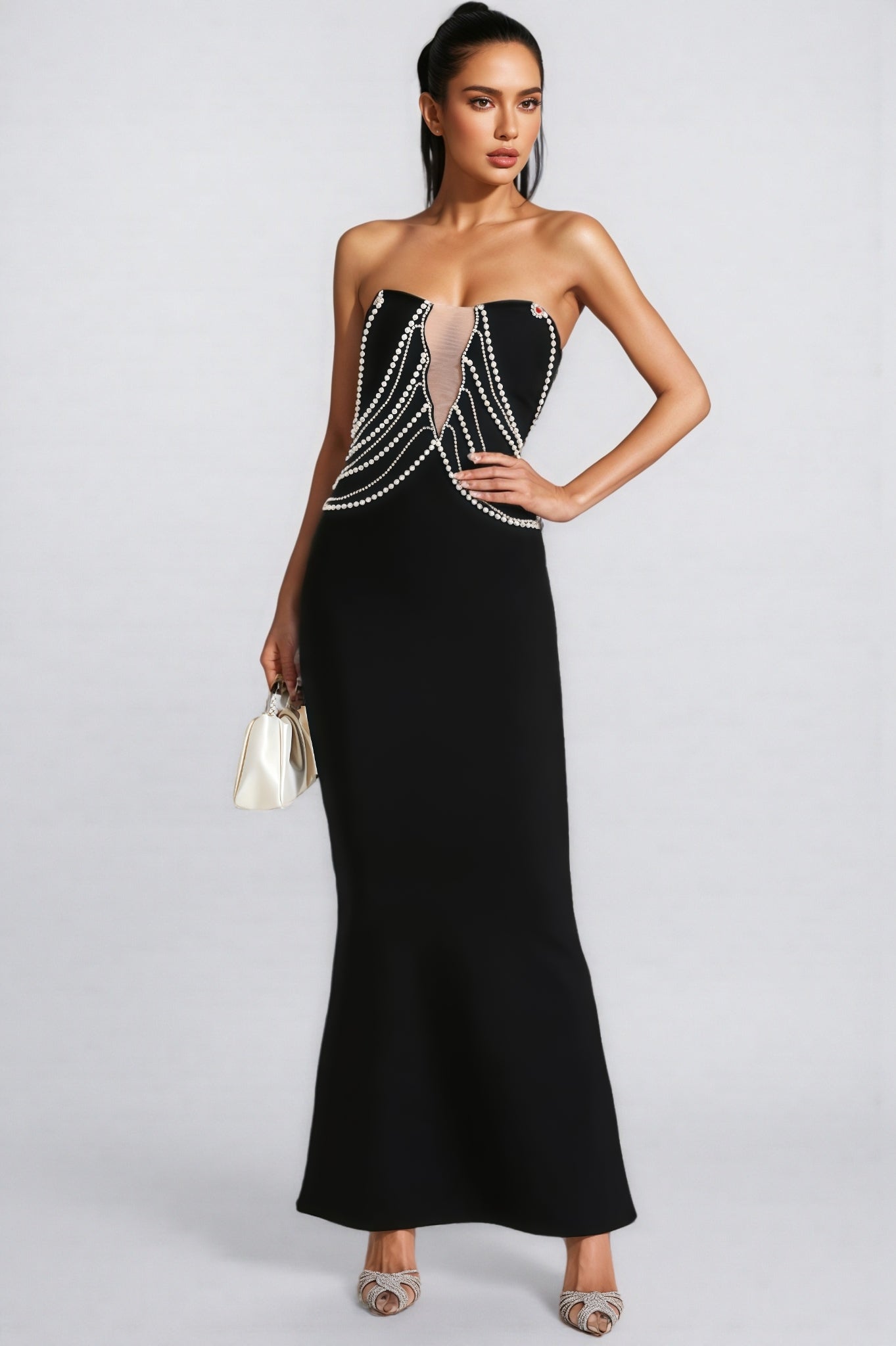 Vaughn Black Pearls Off Shoulder Maxi Dress