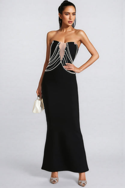 Vaughn Black Pearls Off Shoulder Maxi Dress