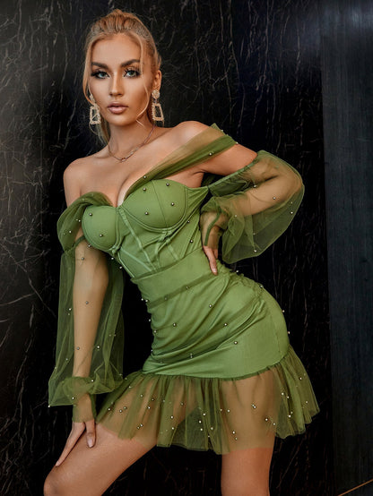 Off-Shoulder Pearl Embellished Corset Bodice Mesh Puff Sleeve Ruffled Tulle Hem Mini Dress