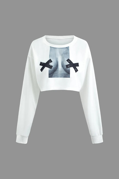 Pelze Round Neck Printed Long Sleeve Crop Top
